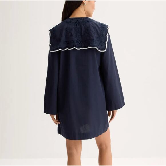 SEA Blue Mini Shift Dress SMALL Nautical Anime Cottage Embroidered Designer $400 - Picture 3 of 12
